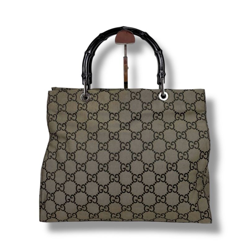 Gucci Tote Bag Bamboo Line GG Pattern Gray Black Nylon Canvas