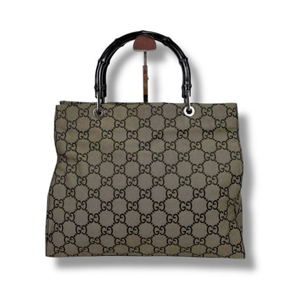 Gucci Tote Bag Bamboo Line GG Pattern Gray Black Nylon Canvas