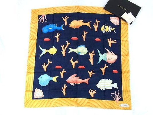 Bvlgari 100% Silk Fish Large Scarf Stole Women's Yellow And Navy Av1732