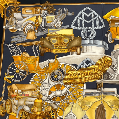 Hermes Carre 90 Automobile Black And Gold Scarf Silk