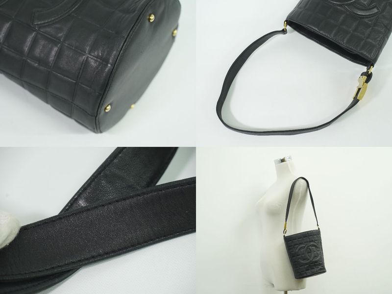 Authentic Chanel Coco Mark Chocolate Bar Shoulder Bag Lambskin Leather Black