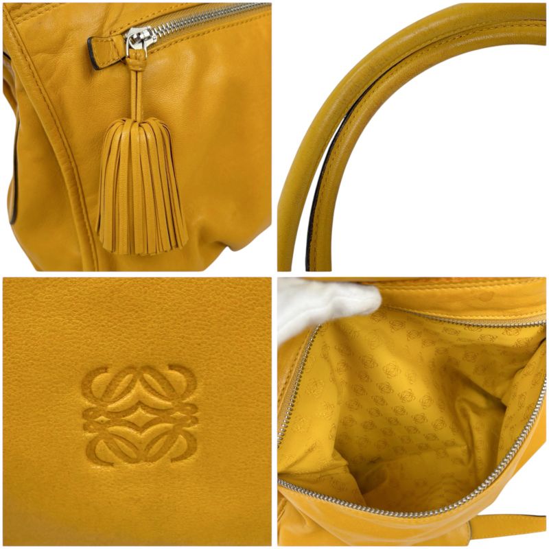 Loewe 2WAY Shoulder Bag Handbag Tassel Charm Fringe Anagram Logo Yellow Silver
