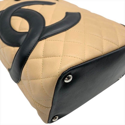 Chanel Cambon Quilted Leather CC Logo Hand Bag Beige Black Bag