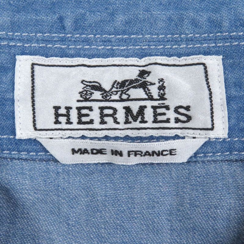 Hermes 23SS Cotton Half Button Patch Pocket Pullover Short Sleeve Shirt Indigo
