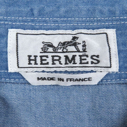 Hermes 23SS Cotton Half Button Patch Pocket Pullover Short Sleeve Shirt Indigo