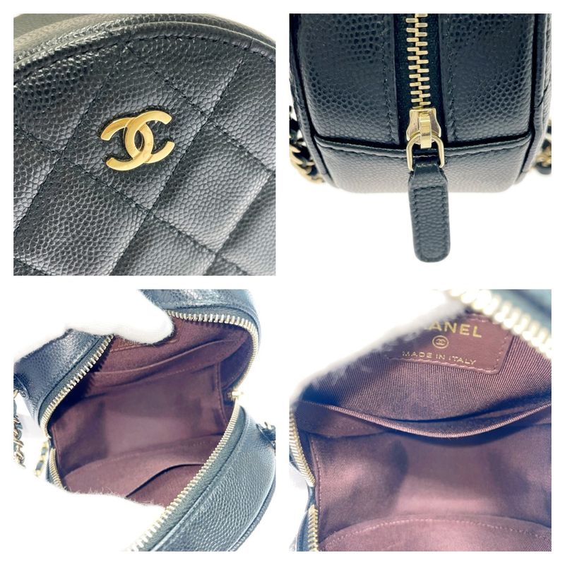 Chanel Matelasse Caviar Skin Coco Mark Round Chain Shoulder Bag Black 371277