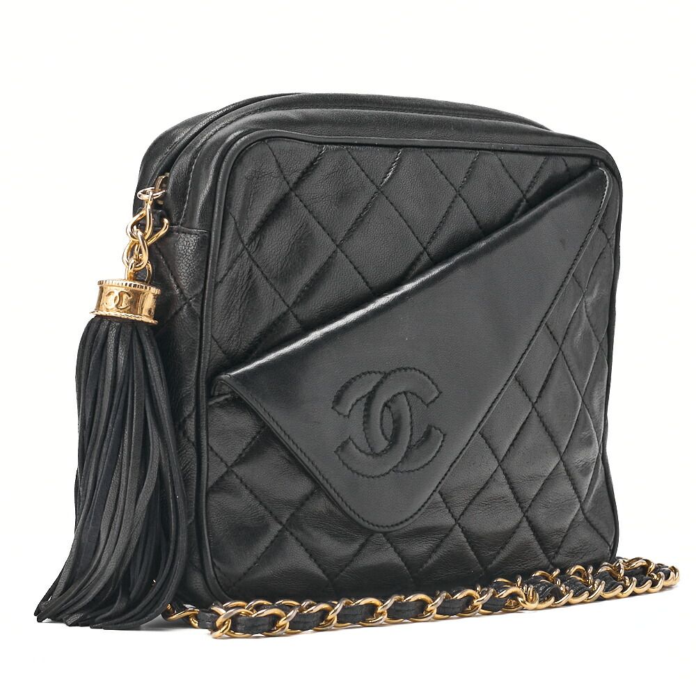 Chanel Matelasse Coco Mark Fringe Chain Shoulder Lambskin Black With Gold