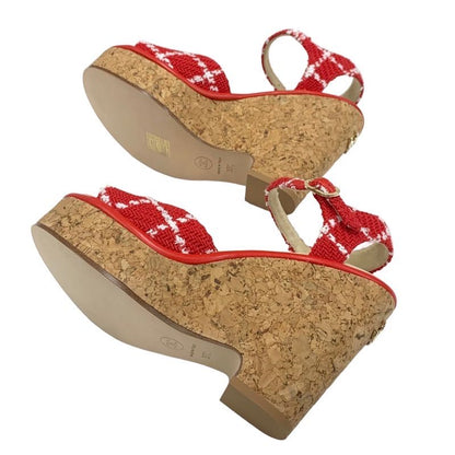 Chanel Sandals Shoes Tweed Cork Red White Unused Here Mark