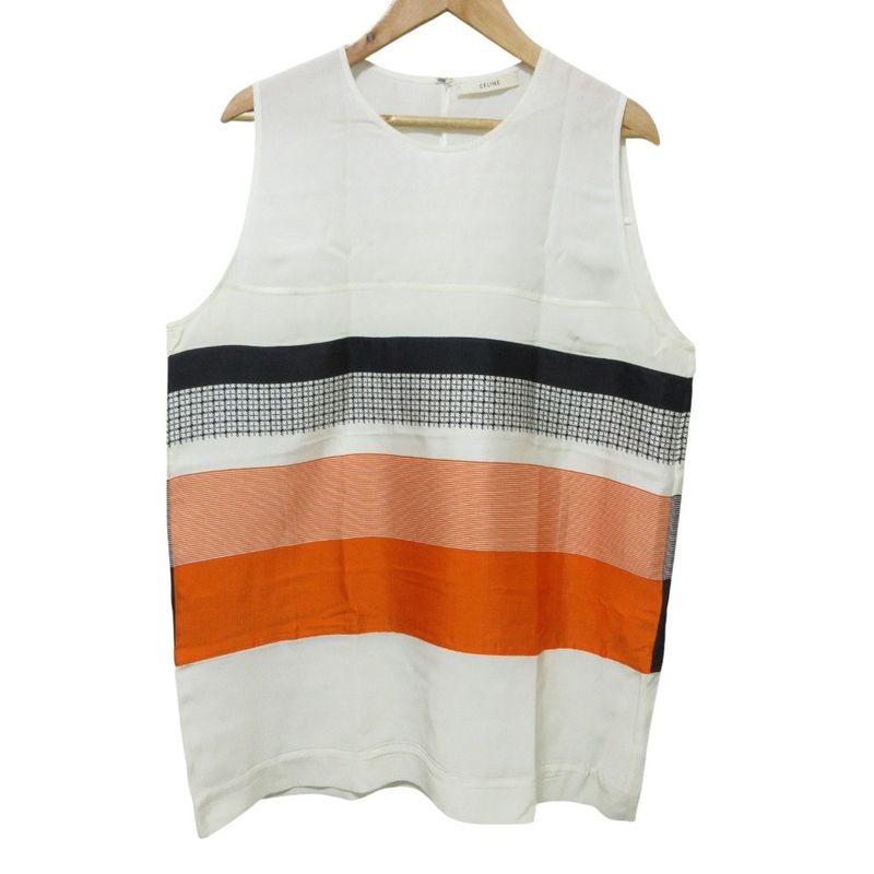 Good Celine Phoebe Period Silk Blend Striped Sleeveless Blouse 40 White And