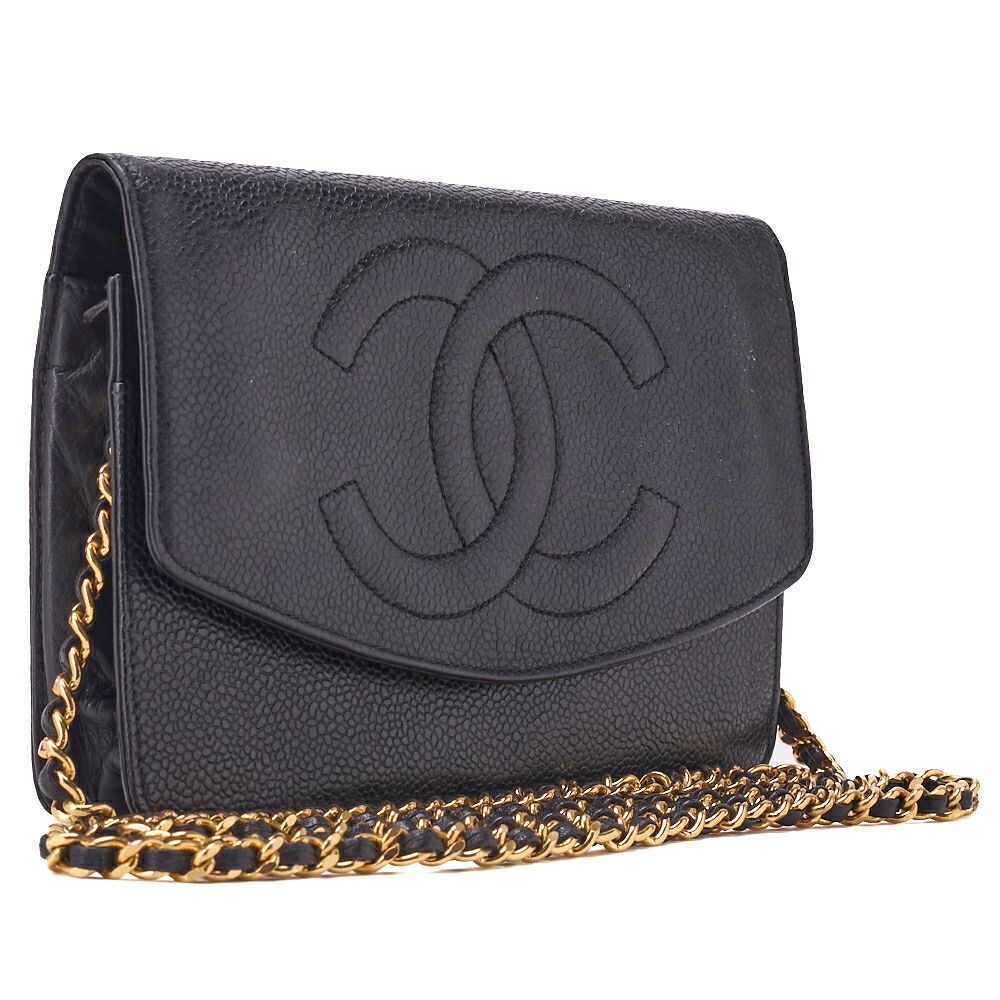 Chanel Shoulder Bag Chain Wallet Caviar Skin Black Silver Hardware Push Lock