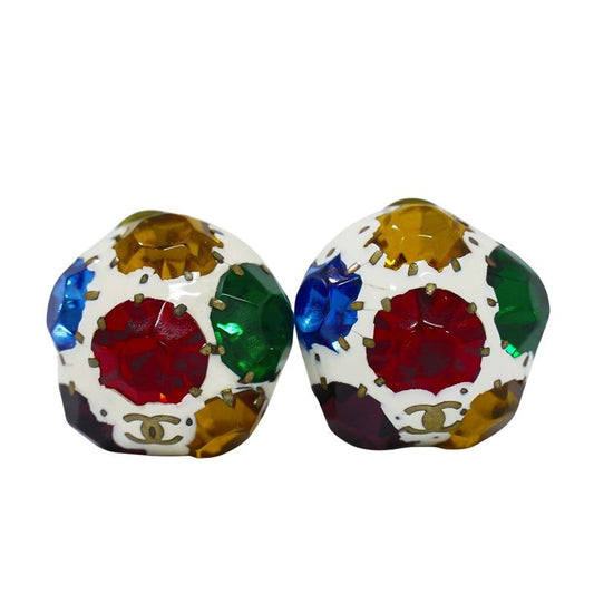 Authentic Chanel Coco Mark Multi-colored Stone Earrings GP Gold Plated Coco