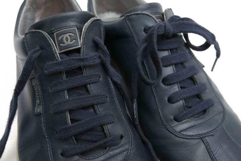Chanel Shoes Sneakers Shoes Low Cut Women Leather Genuine Leather Navy Blue