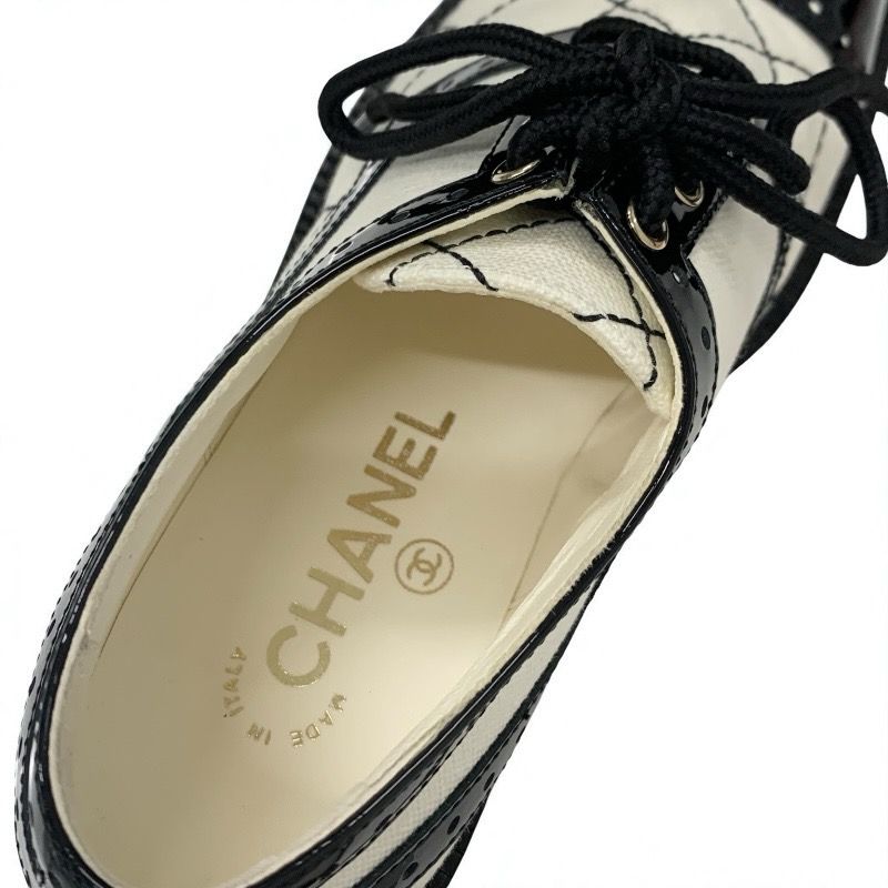 Chanel Loafers Leather Shoes Patent Fabric White Black Here Mark Lace Up Shoes
