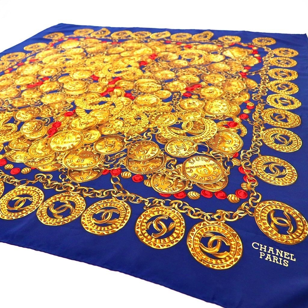 Chanel Scarf Navy Blue and Gold Silk All-Over Print Coco Mark Chain Jewelry