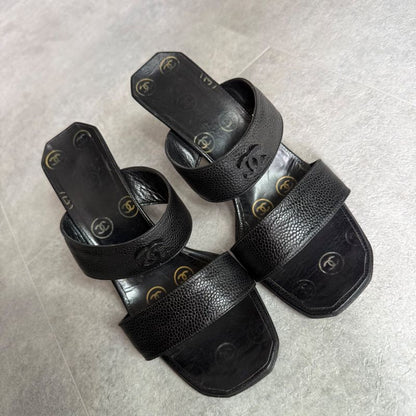 Chanel Coco Mark Caviar Skin Sandals Black Leather 36 23cm (9.06in) Mules