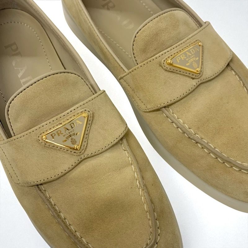 Prada Loafers Leather Shoes Suede Beige Gold Triangle Logo