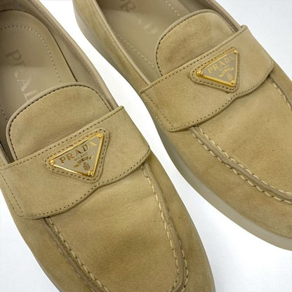Prada Loafers Leather Shoes Suede Beige Gold Triangle Logo
