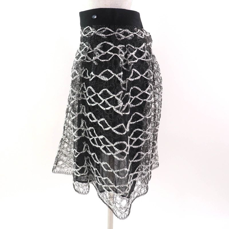 CHANEL P58857 Coco Mark Logo Ribbon Mesh Flared Skirt Black White 36 Made In