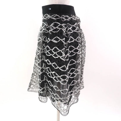 CHANEL P58857 Coco Mark Logo Ribbon Mesh Flared Skirt Black White 36 Made In