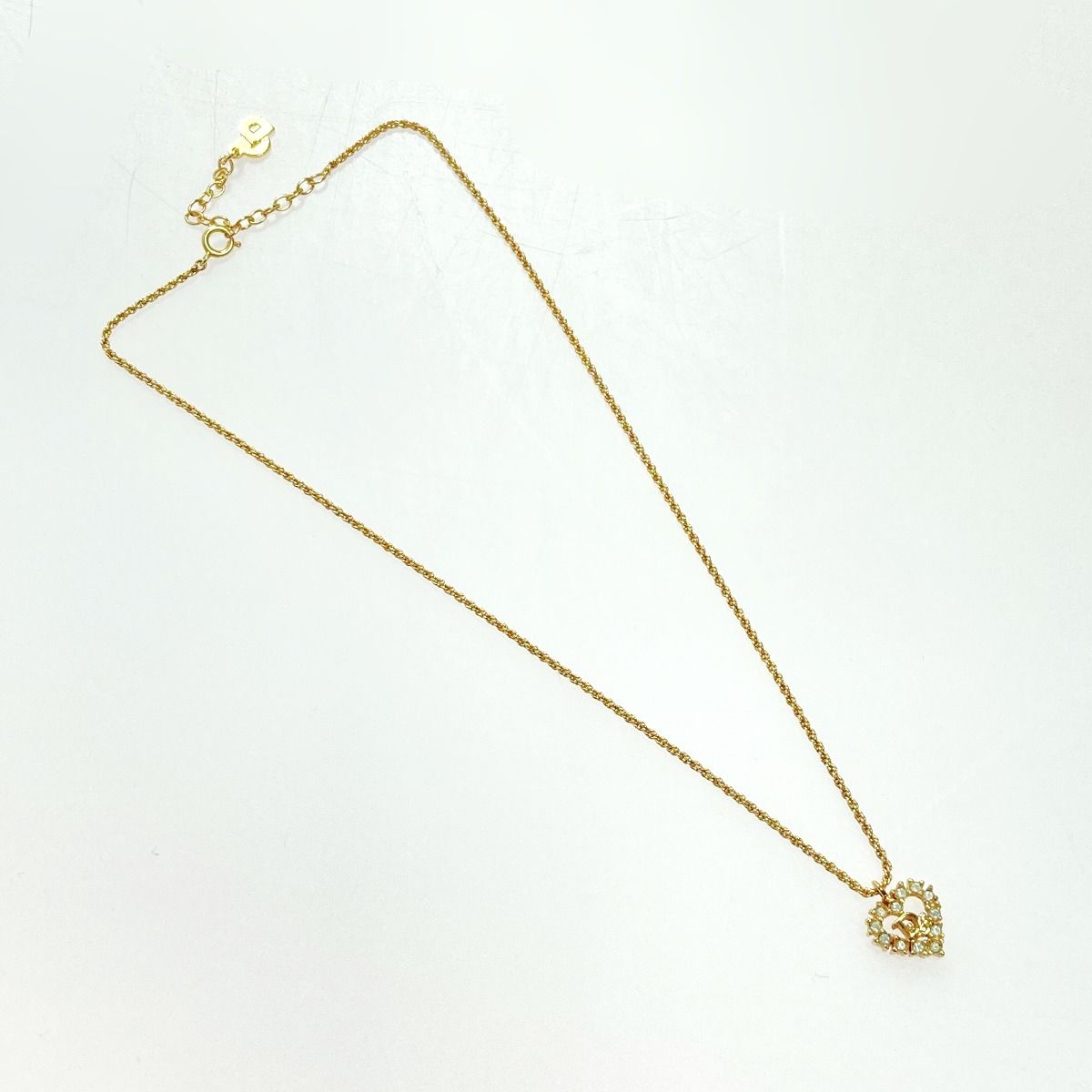 Christian Dior Logo Heart Rhinestone Necklace Gold GP