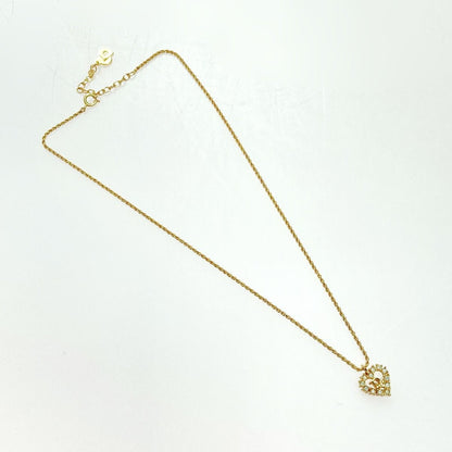 Christian Dior Logo Heart Rhinestone Necklace Gold GP