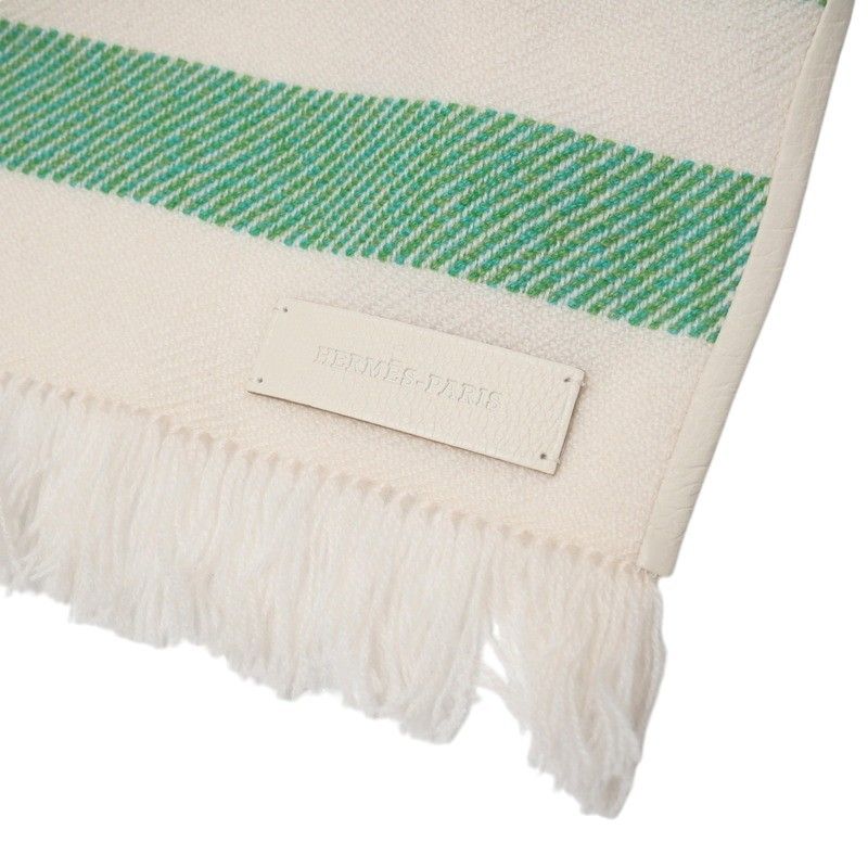 Hermes Shawl Large Shawl Scarf All Cashmere Leather Fringe Striped Ivory
