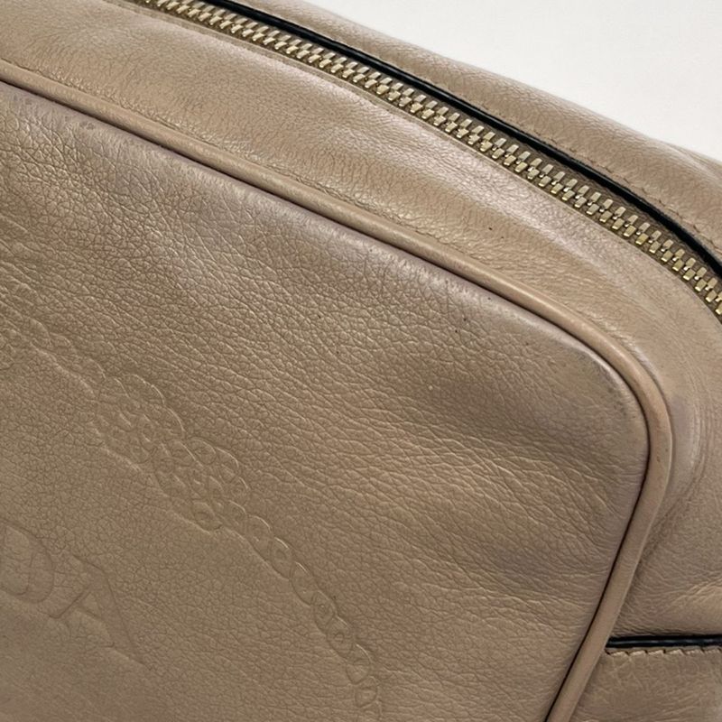 Prada Shoulder Bag Logo Shape Stamped Beige Leather 25ka868