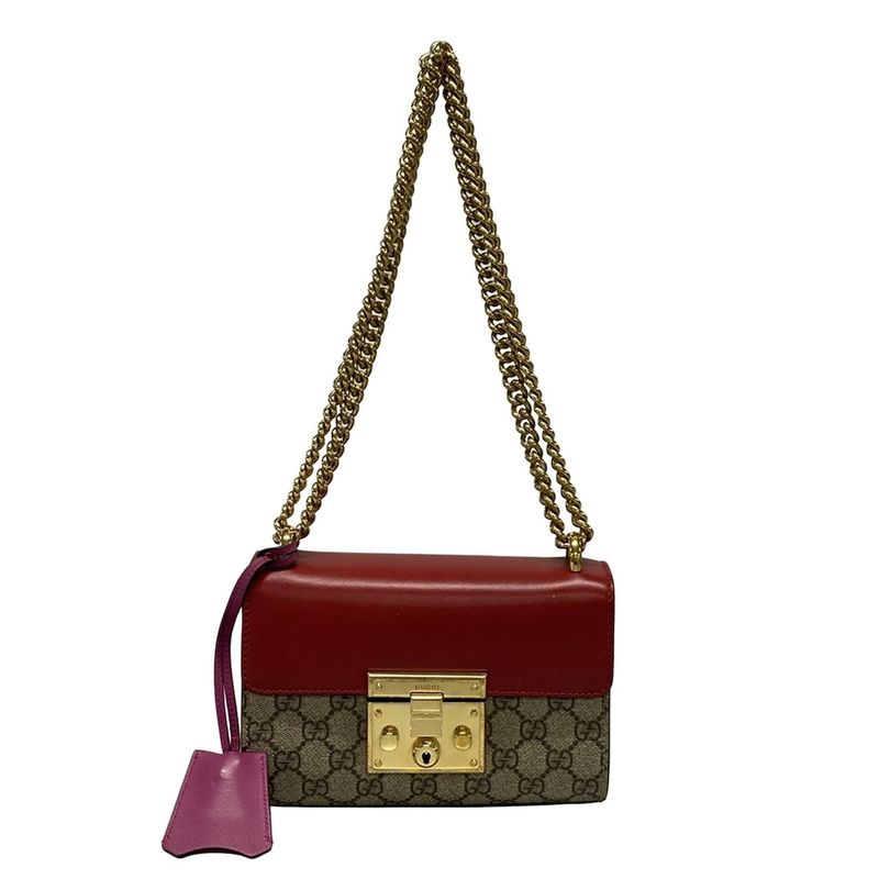 Gucci Shoulder Bag Padlock GG Small 409487 Dark Brown Beige And Red Chain