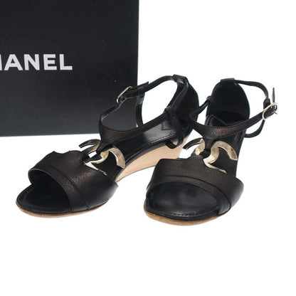 Chanel Coco Mark Wood Heel Sandals Black 36 1 2