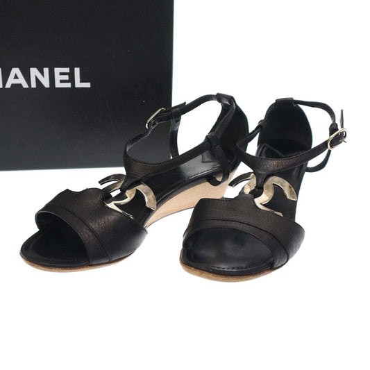 Chanel Coco Mark Wood Heel Sandals Black 36 1 2