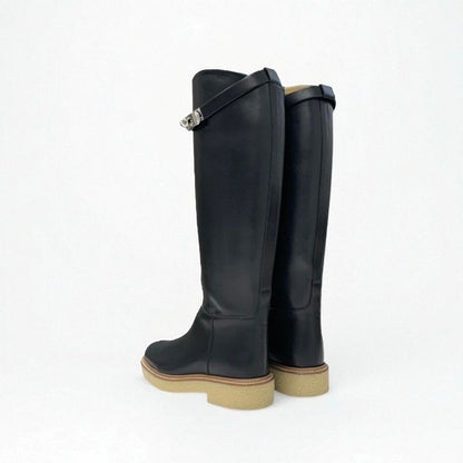 Hermes Boots Long Shoes Leather Black Silver Kelly Hardware
