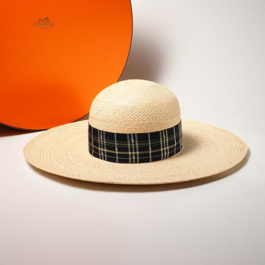 Hermes Anouk Hat Size 58 Straw Hat H Logo Checkered Ribbon 20240428 Gp6245