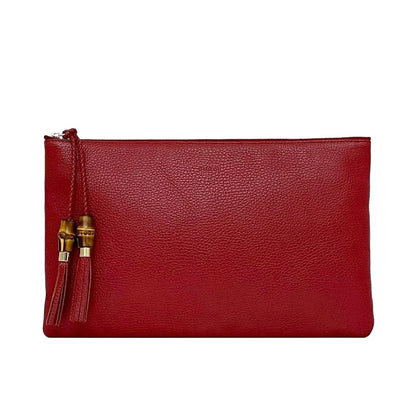 Gucci Clutch Bag Red Bamboo 449653 Excellent Condition Pouch Leather