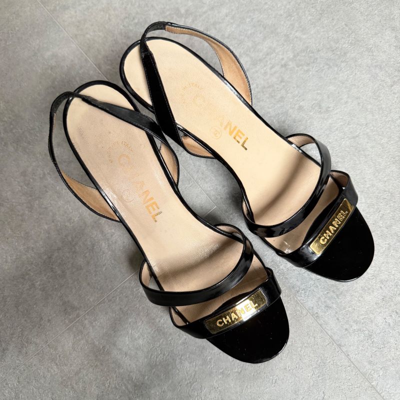 Chanel Logo Sandals Patent Leather Black Gold 37 24cm (9.45in)