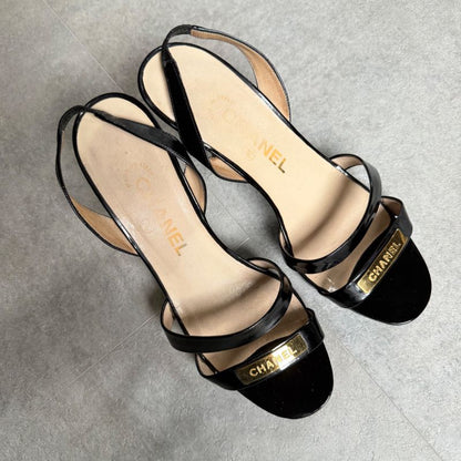 Chanel Logo Sandals Patent Leather Black Gold 37 24cm (9.45in)