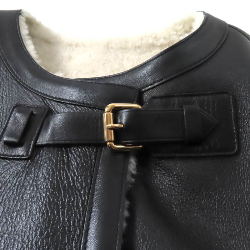 Louis Vuitton Sheepskin Reversible Belt Design Collarless Mouton Coat Black/whit