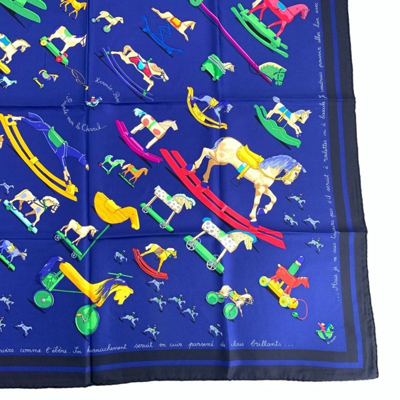Hermes Carre 90 Raconte Moi Le Cheval Talking About Horses Navy Scarf 100% Silk