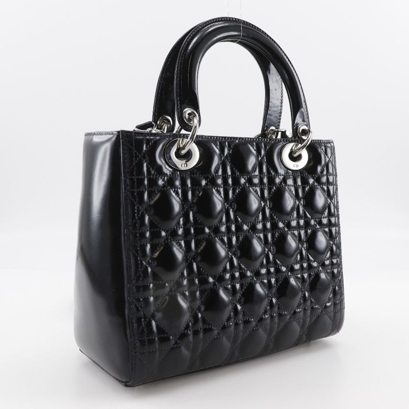 [dior] Christian Dior Lady Dior Medium Canage 2WAY Shoulder Enamel Black Ladies