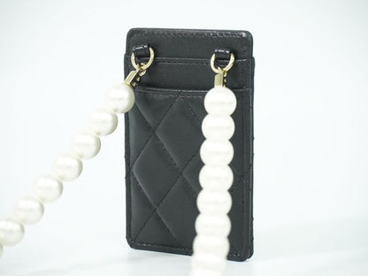 Authentic Chanel Coco Mark Matelasse Faux Pearl Chain Card Case Pass Case