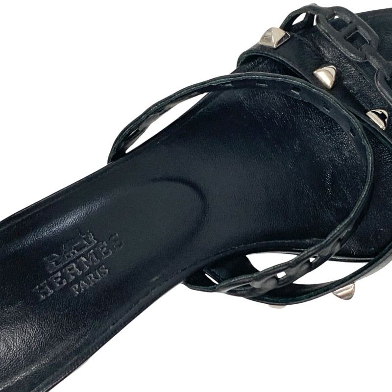 Hermes Aggaccio Sandals Shoes Leather Black Silver Chaine D'ancre Studded Mules
