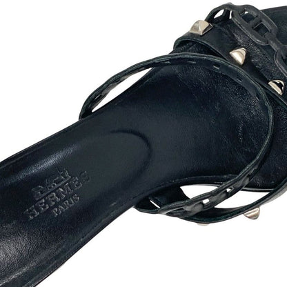 Hermes Aggaccio Sandals Shoes Leather Black Silver Chaine D'ancre Studded Mules