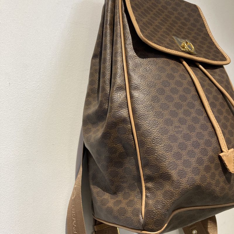 Celine M16 1 OLD Macadam Pattern Tape Logo Leather Backpack Women Brown -