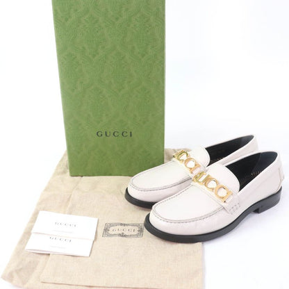 Gucci 700036 Metal Logo Leather Loafer Ivory Gold Hardware 36.5 With Box And