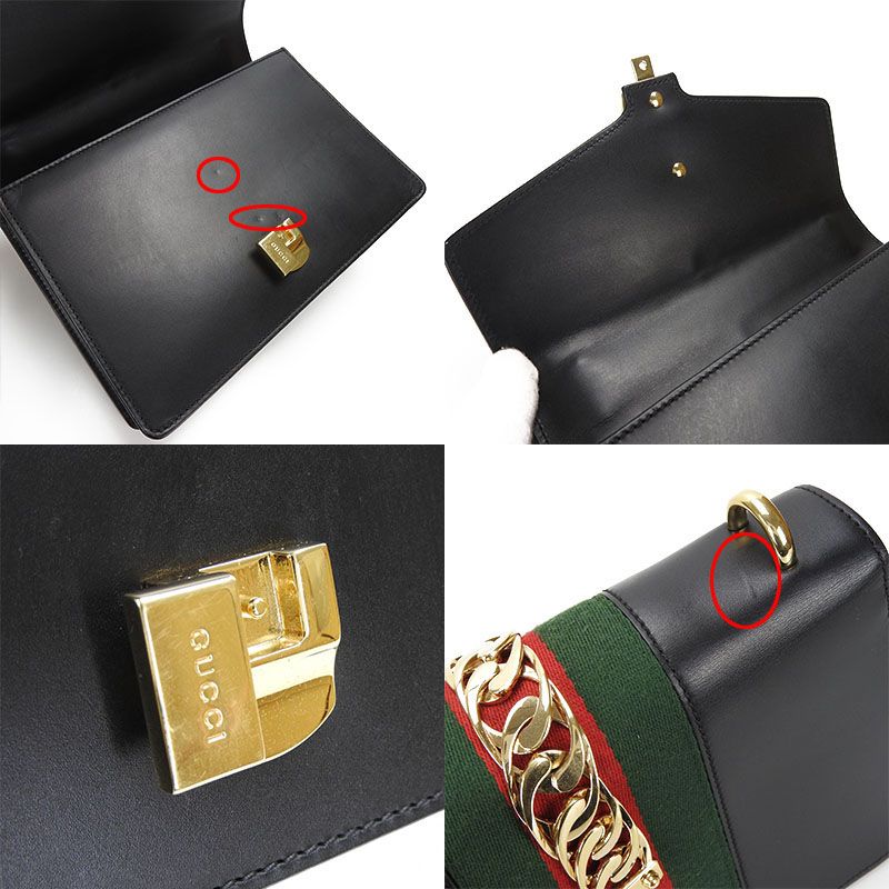 Gucci Shoulder Bag Sylvie Small 421882 Webline Leather Black Gold Hardware