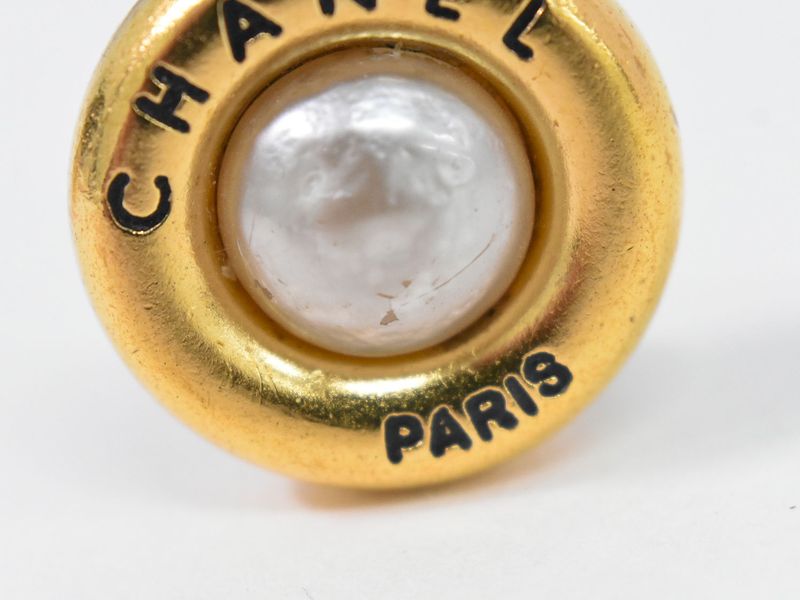 Authentic Chanel Logo Faux Pearl Earrings GP Gold Plated White Accessories