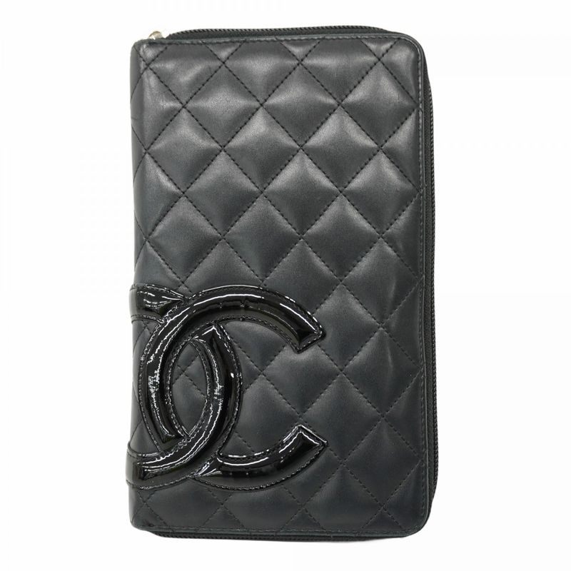 Chanel Long Wallet Cambon Lambskin Black Silver Hardware Women