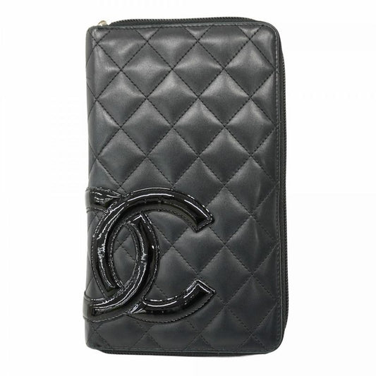 Chanel Long Wallet Cambon Lambskin Black Silver Hardware Women