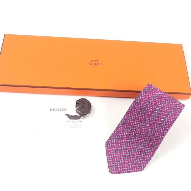 Hermes 659165t 100% Silk H Logo Allover Pattern Tie Regular Tie Purple With Box