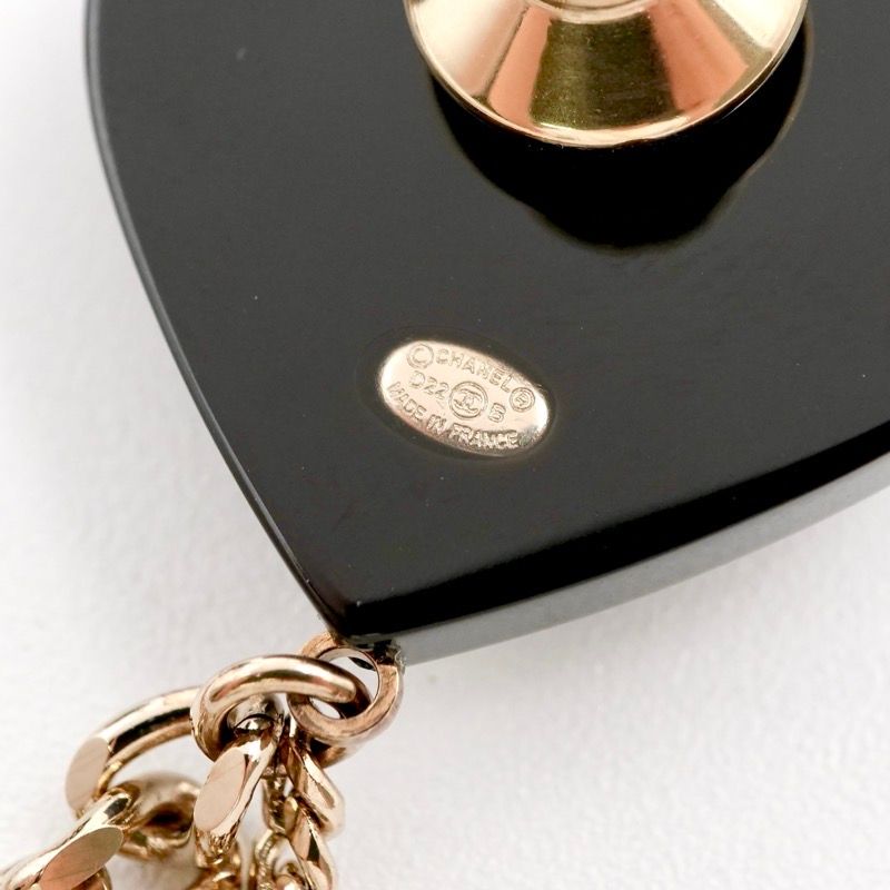 Chanel Brooch Corsage Black Gold Coco Mark Rhinestone Chain Heart