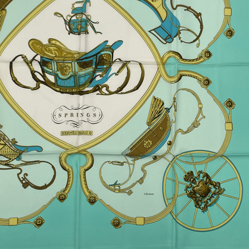 Hermes Springs Carriage Carre 90 100% Silk Scarf Green